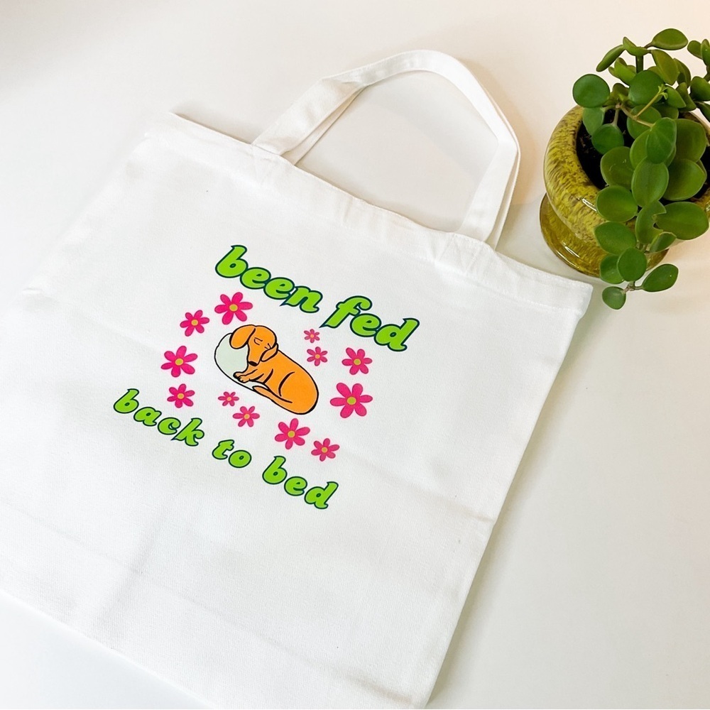 HANDMADE Doxie Dachshund "Been Fed Back To Bed" White Cotton Canvas Tote Bag
